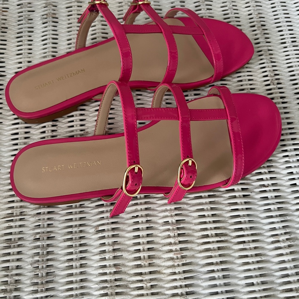 New Stuart Weitman Grecian Strappy Sandals Pink Patent 7
